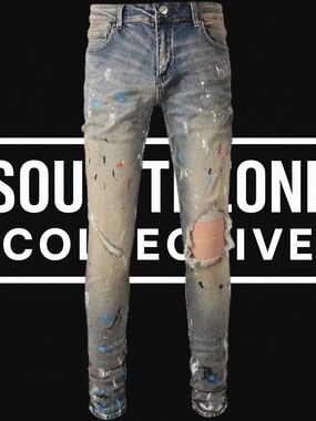 Men's Vintage Ripped Painted Blue Skinny Jeans